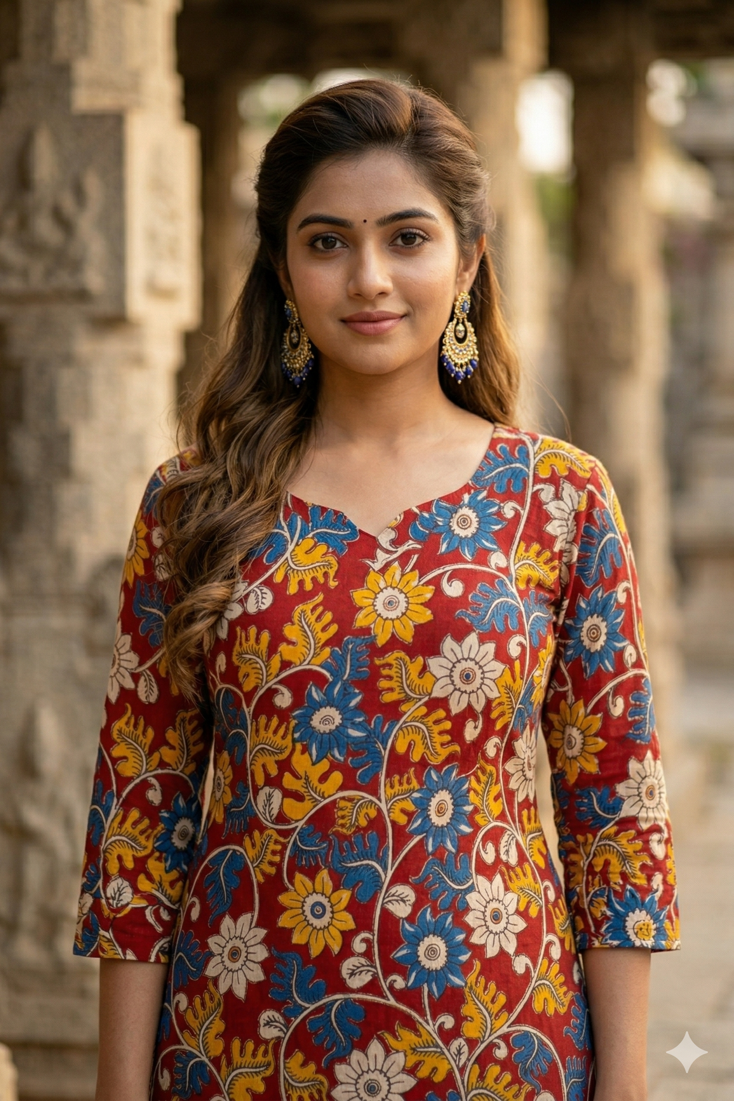Elegant Blue & Yellow Floral red Kalamkari (IB0377)