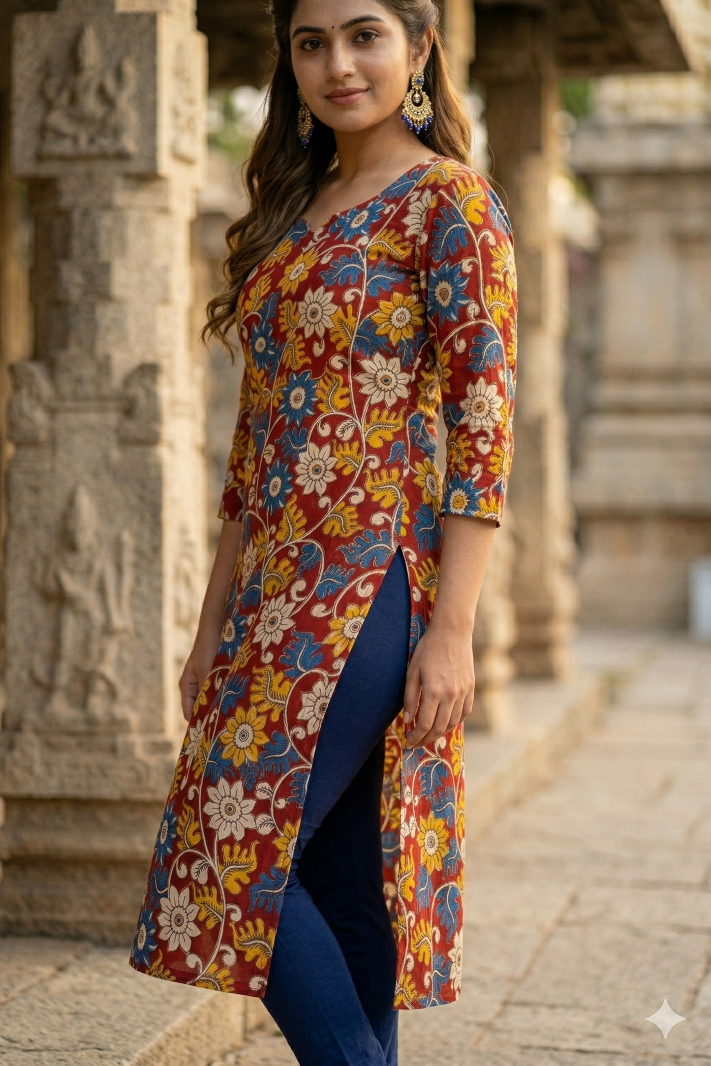 Elegant Blue & Yellow Floral red Kalamkari (IB0377)