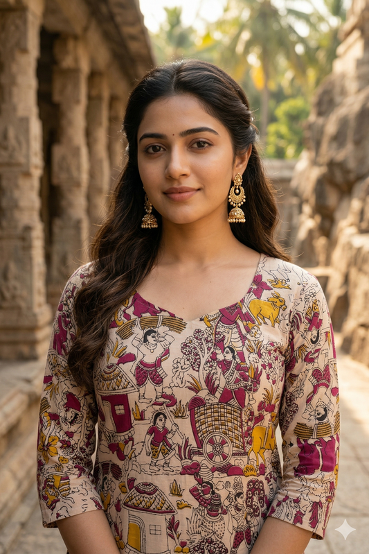 Beige Multi-Color Figurative Kalamkari (IB0381)