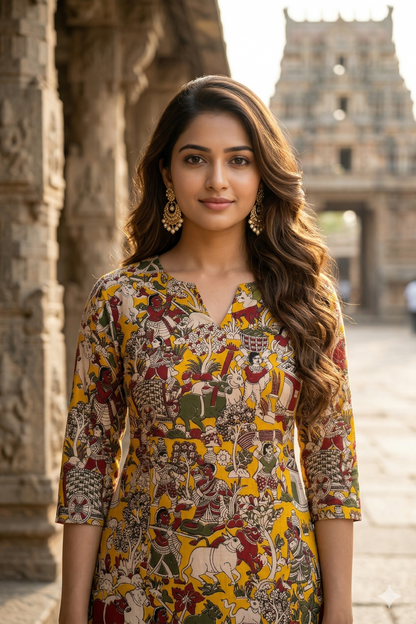 Mustard Multi-Color Figurative Kalamkari (IB0386)
