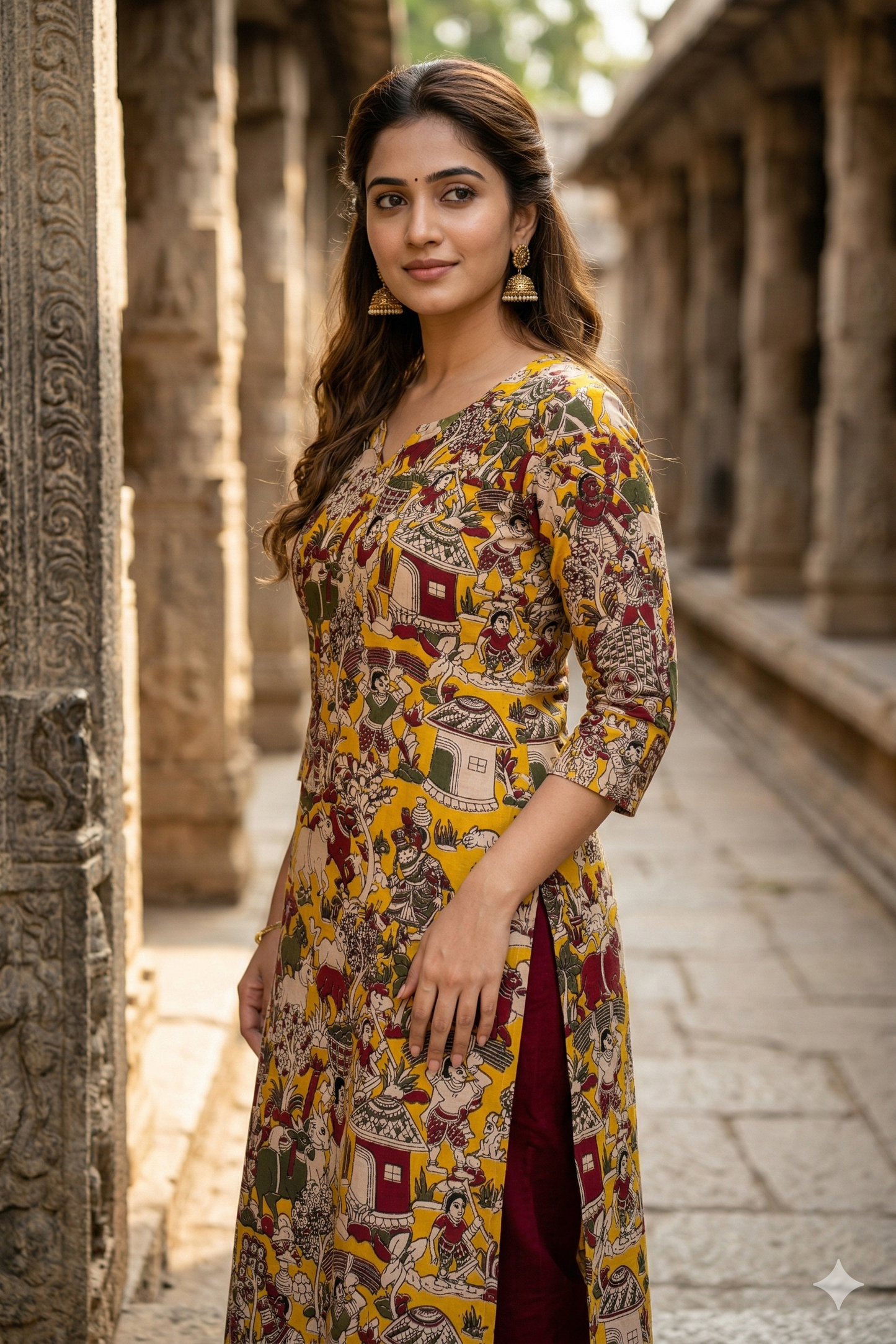 Mustard Multi-Color Figurative Kalamkari (IB0386)