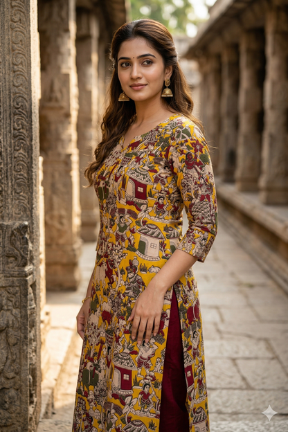 Mustard Multi-Color Figurative Kalamkari (IB0386)