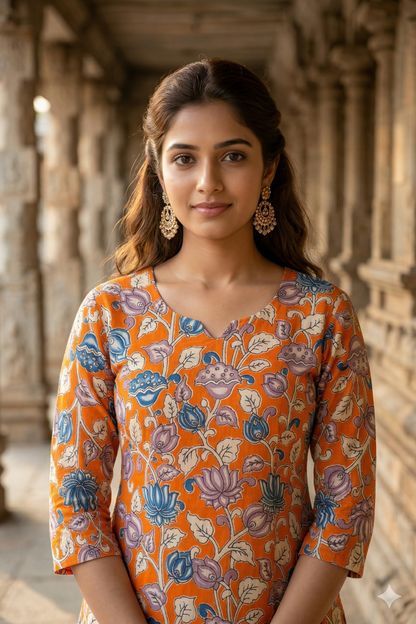 Orange Multi-Color Floral Kalamkari (IB0402)