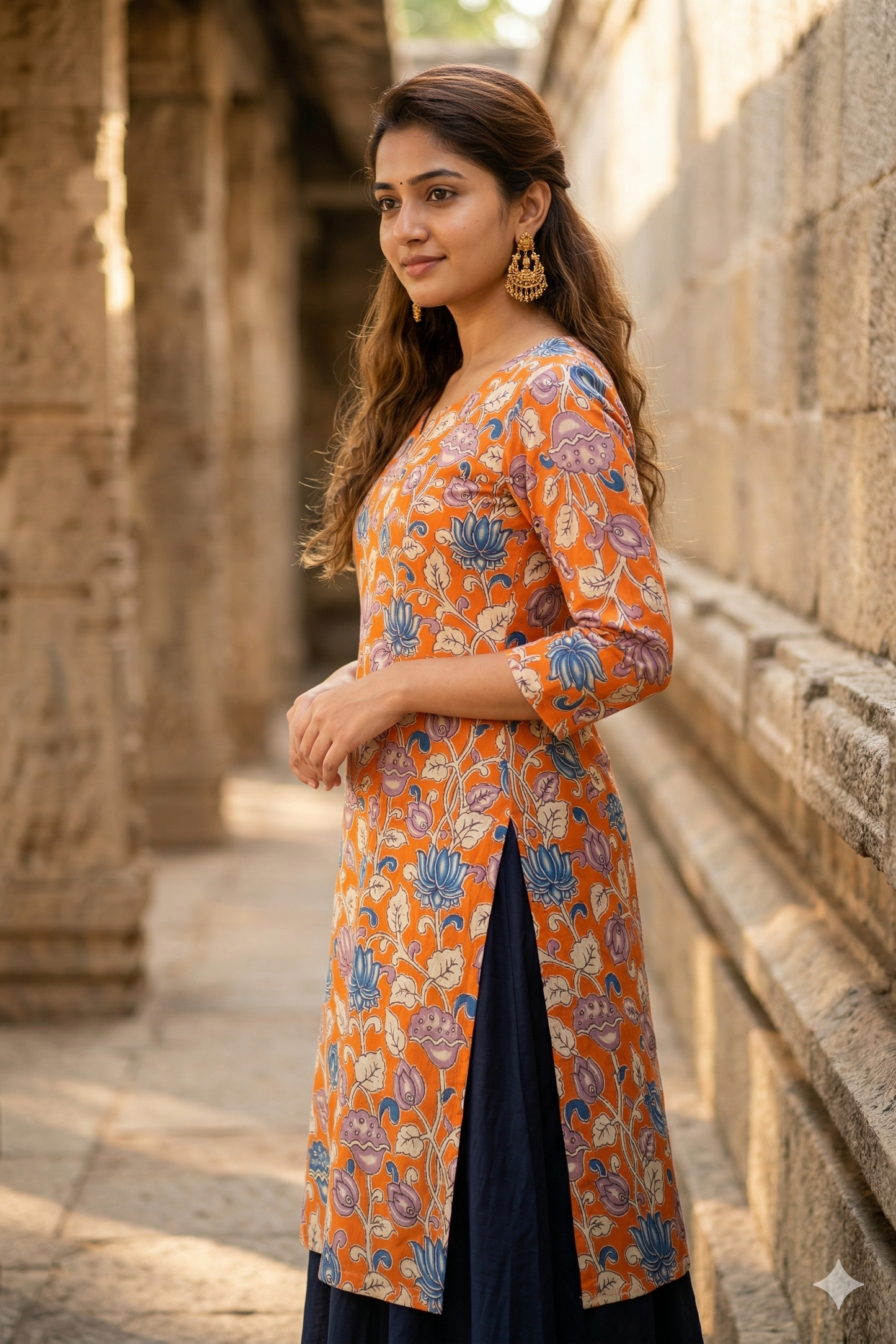 Orange Multi-Color Floral Kalamkari (IB0402)
