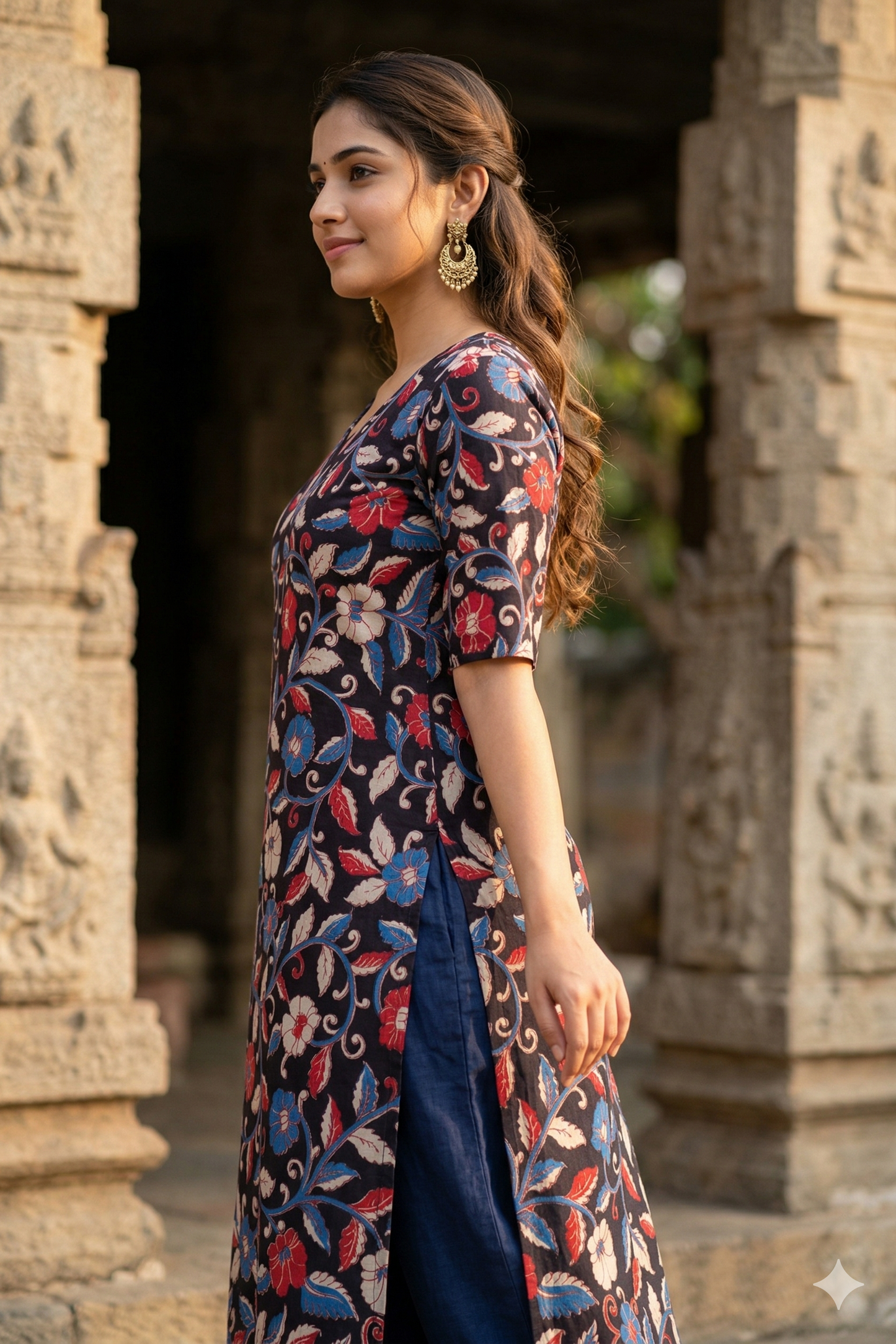 Dark Blue Multi-Color Floral Kalamkari (IB0403)