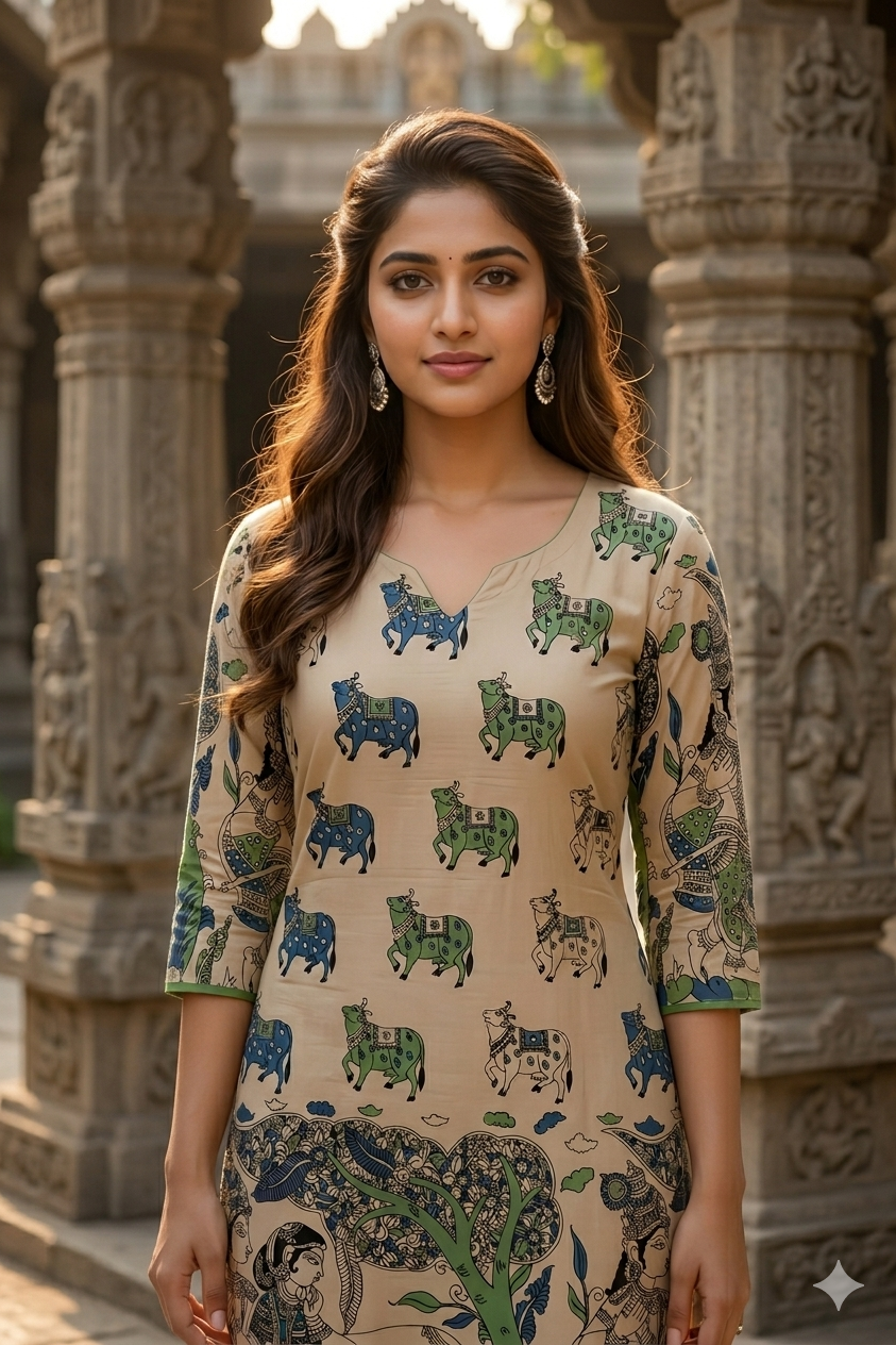 Beige Kalamkari Kurti with Traditional Pichwai (IB0435)