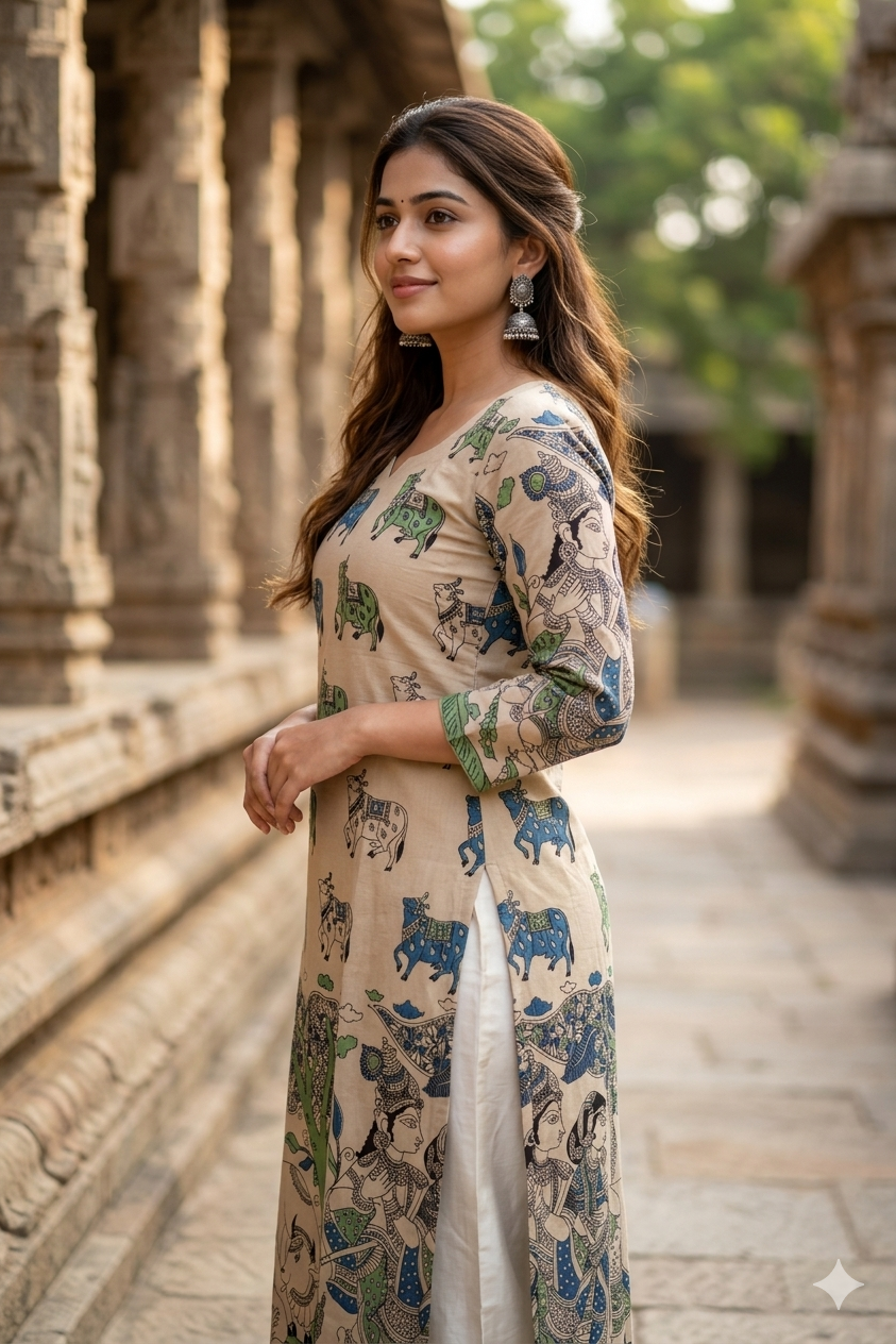 Beige Kalamkari Kurti with Traditional Pichwai (IB0435)