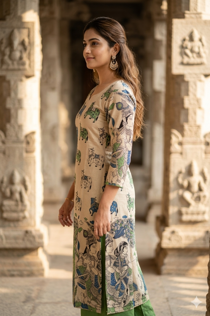 Beige Kalamkari Kurti with Traditional Pichwai (IB0435)
