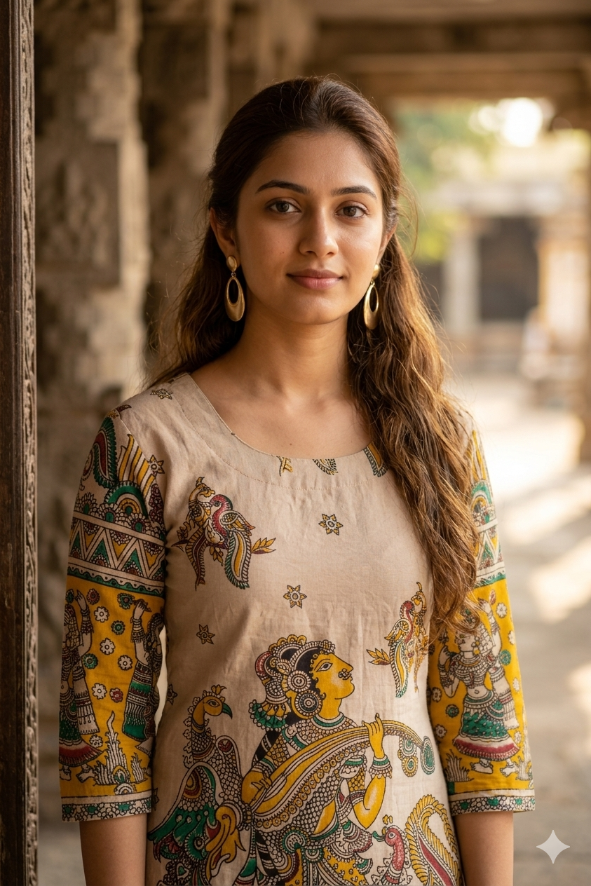 Beige Kalamkari Hand-Paint Style Straight Kurti (IB0436)