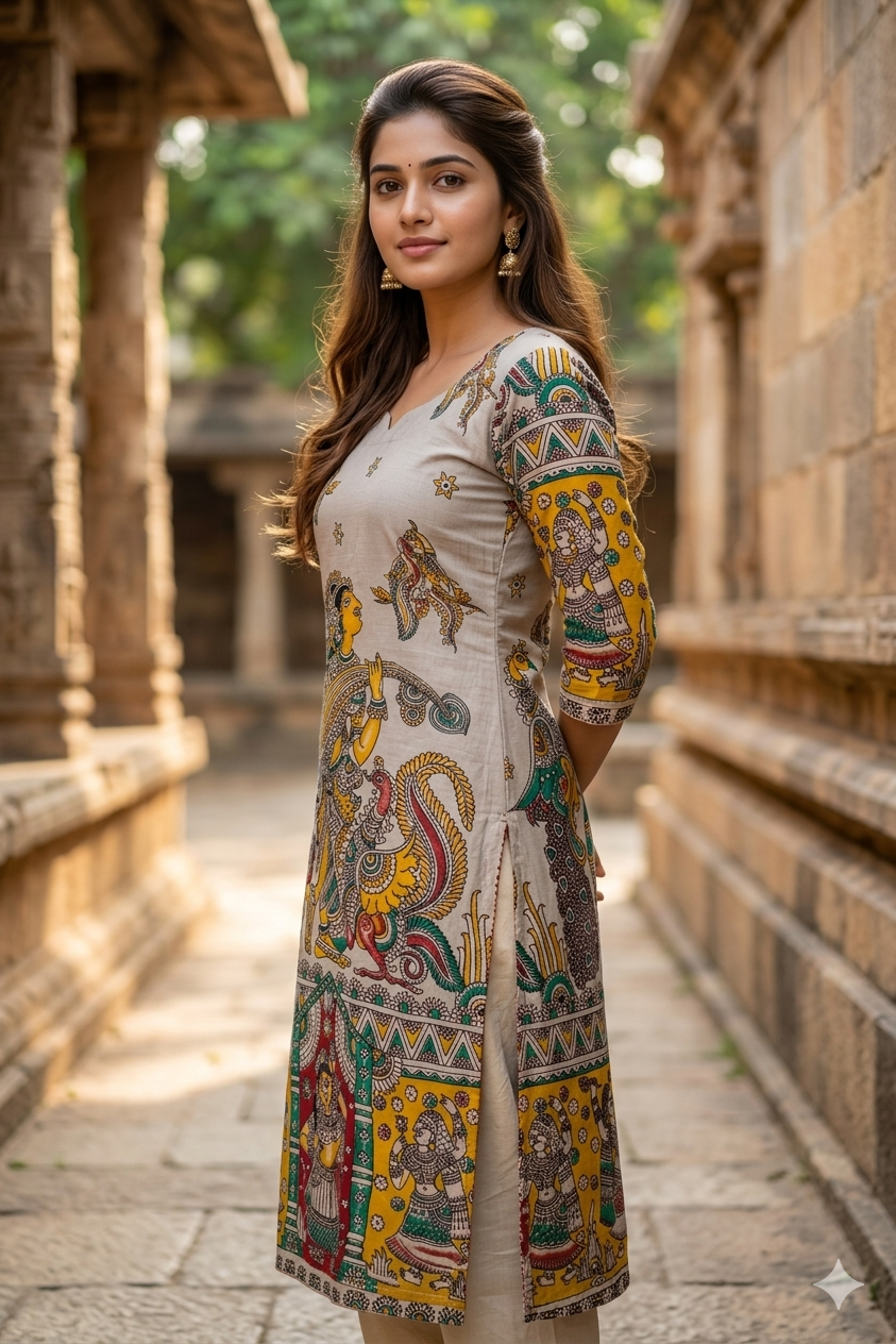 Beige Kalamkari Hand-Paint Style Straight Kurti (IB0436)