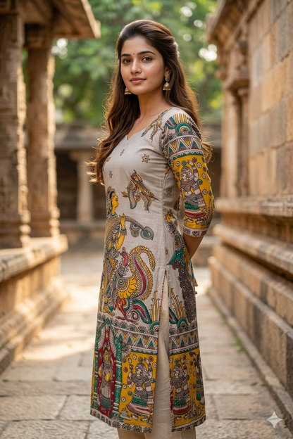 Beige Kalamkari Hand-Paint Style Straight Kurti (IB0436)