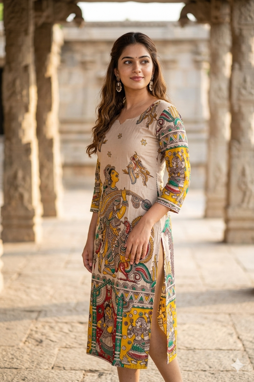 Beige Kalamkari Hand-Paint Style Straight Kurti (IB0436)