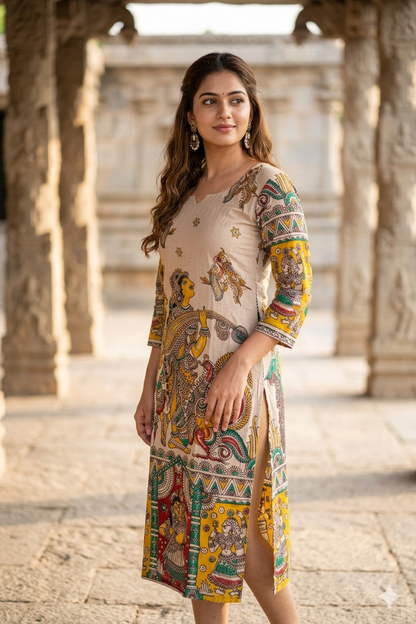 Beige Kalamkari Hand-Paint Style Straight Kurti (IB0436)