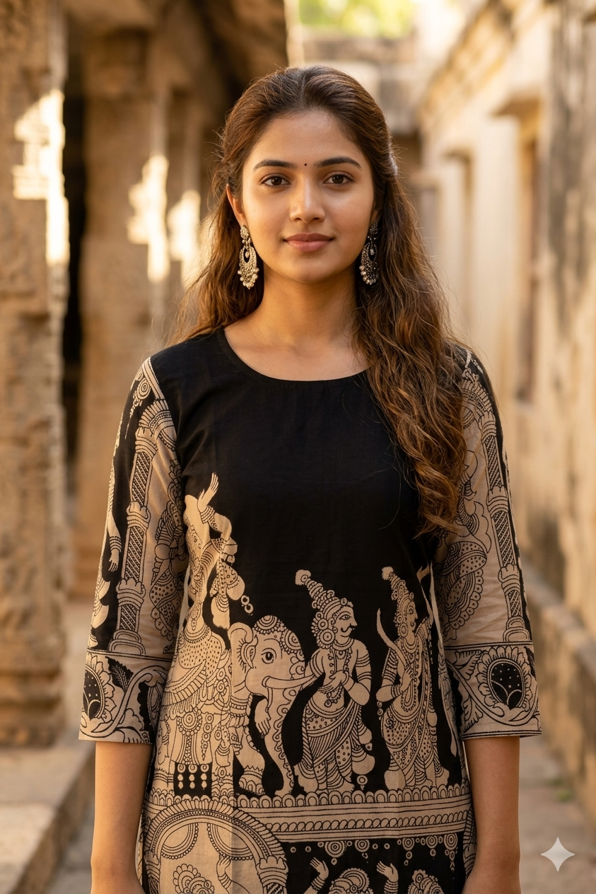 Black and Beige Kalamkari Print Kurti (IB0437)