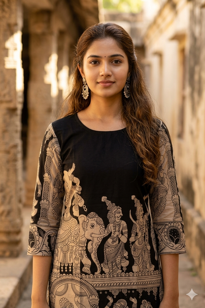 Black and Beige Kalamkari Print Kurti (IB0437)