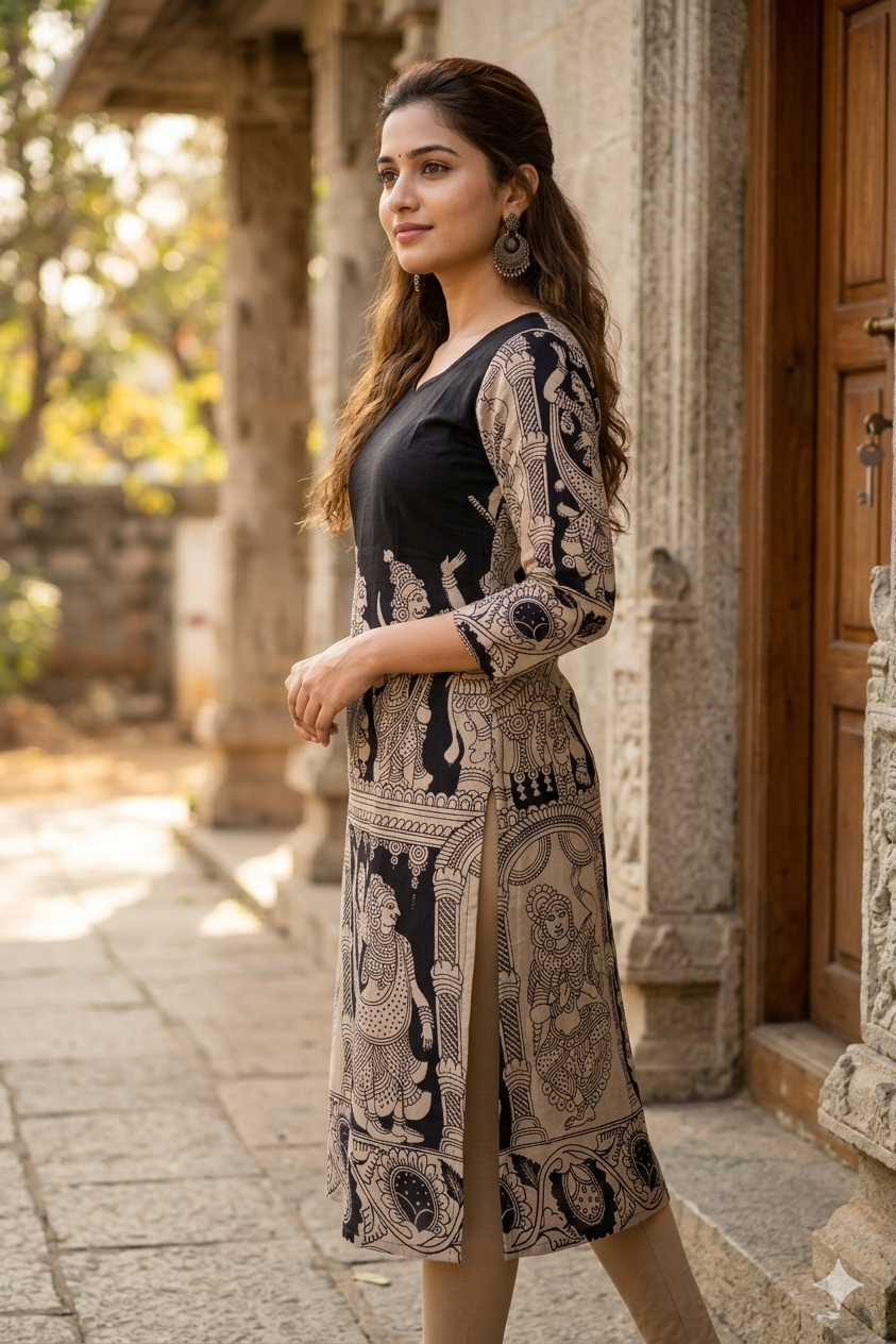 Black and Beige Kalamkari Print Kurti (IB0437)