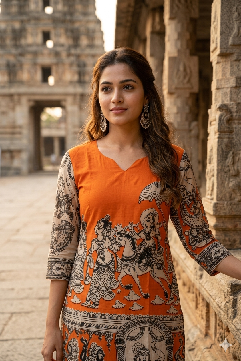 Rust-Orange Kalamkari Art Straight Kurti (IB0438)