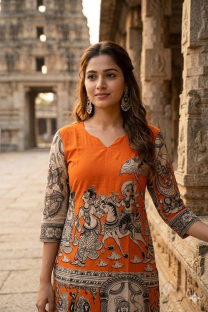 Rust-Orange Kalamkari Art Straight Kurti (IB0438)