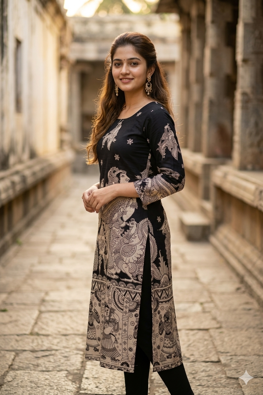 Heritage Art Black Kalamkari Kurti (IB0439)