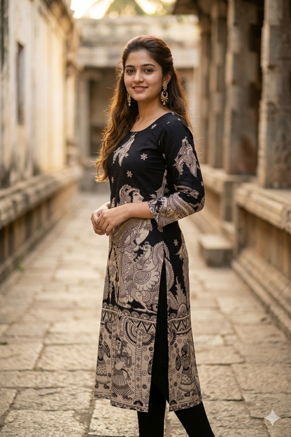 Heritage Art Black Kalamkari Kurti (IB0439)