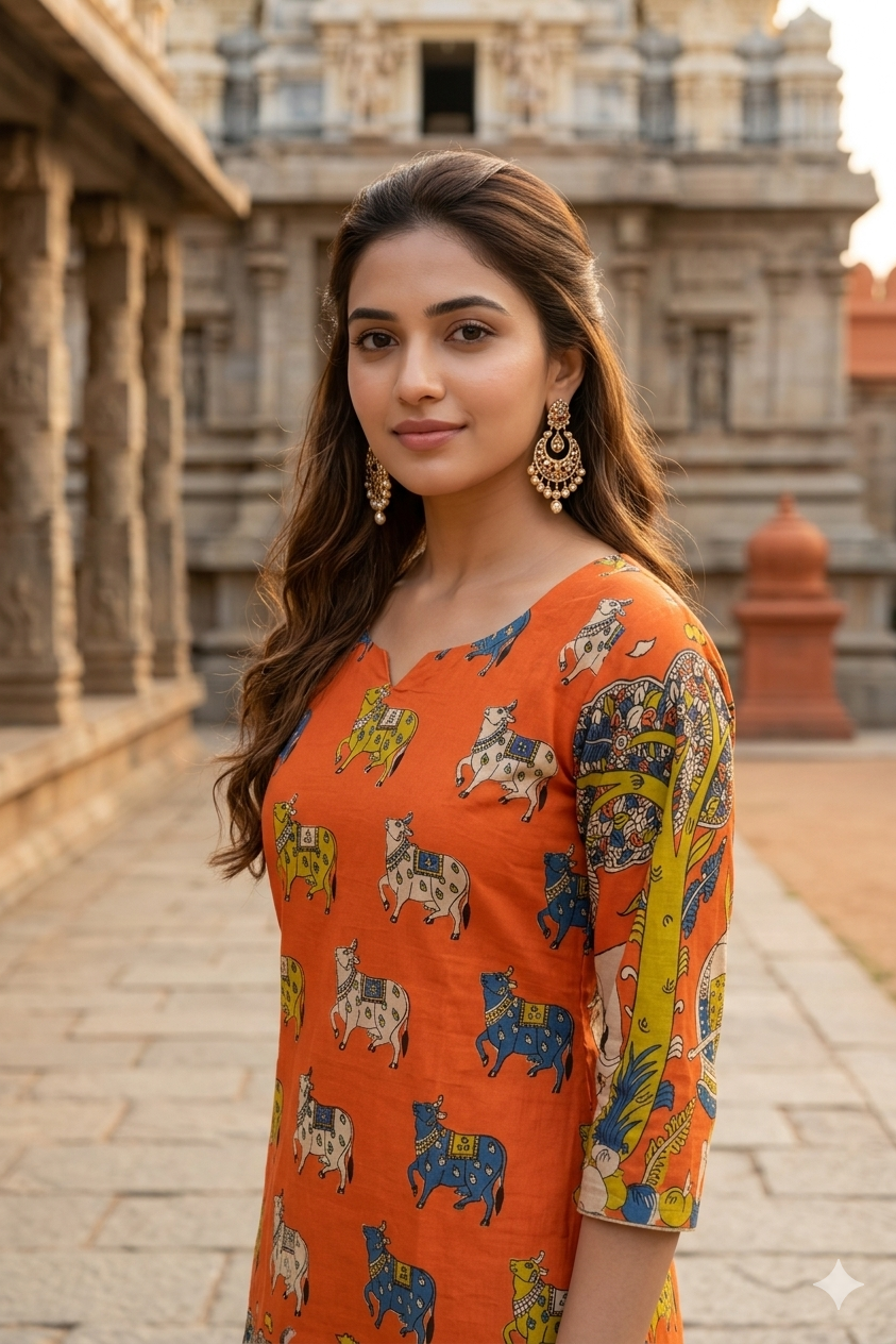Orange Kalamkari Cow Print Cotton Kurti (IB0440)
