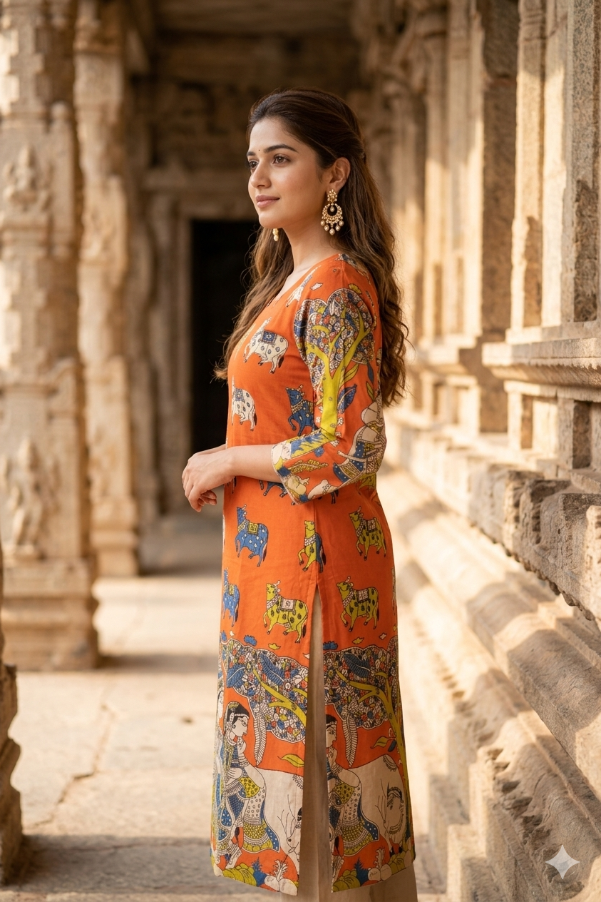 Orange Kalamkari Cow Print Cotton Kurti (IB0440)