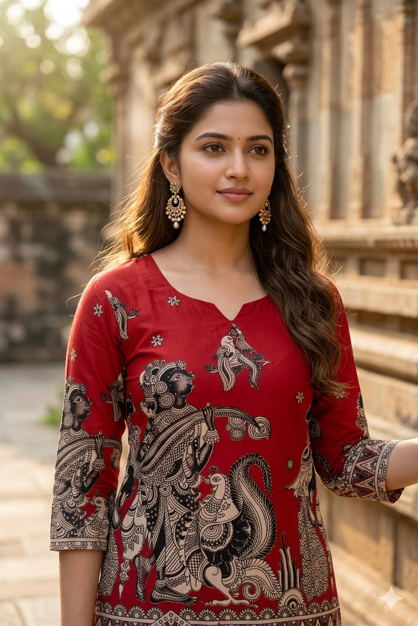 Traditional Brick Red Kalamkari Cotton Kurti (IB0441)