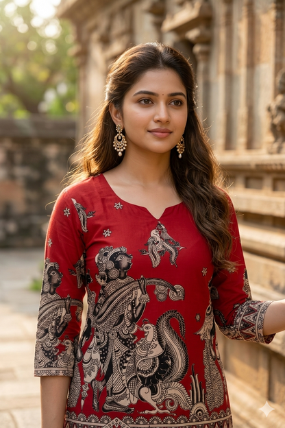 Traditional Brick Red Kalamkari Cotton Kurti (IB0441)