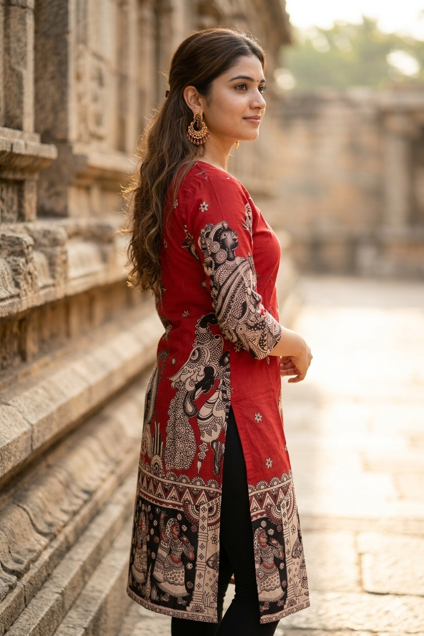 Traditional Brick Red Kalamkari Cotton Kurti (IB0441)