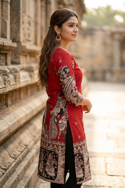 Traditional Brick Red Kalamkari Cotton Kurti (IB0441)