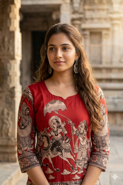Classic Red Kalamkari Figurine Print Kurti (IB0443)