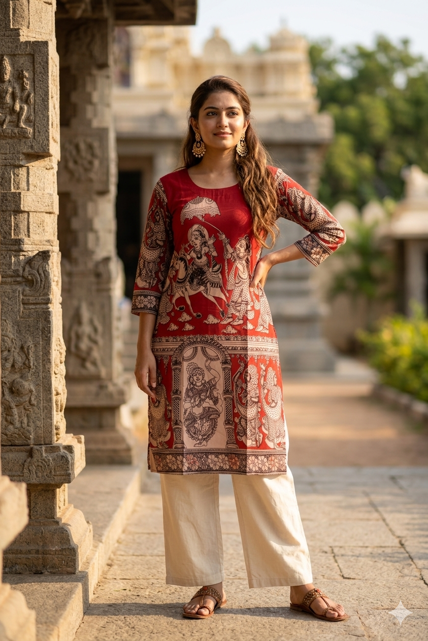 Classic Red Kalamkari Figurine Print Kurti (IB0443)