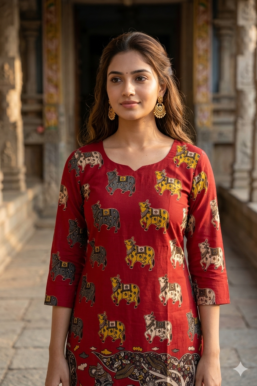 Maroon Kalamkari Cow Print Cotton Kurti (IB0445)