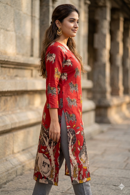 Maroon Kalamkari Cow Print Cotton Kurti (IB0445)