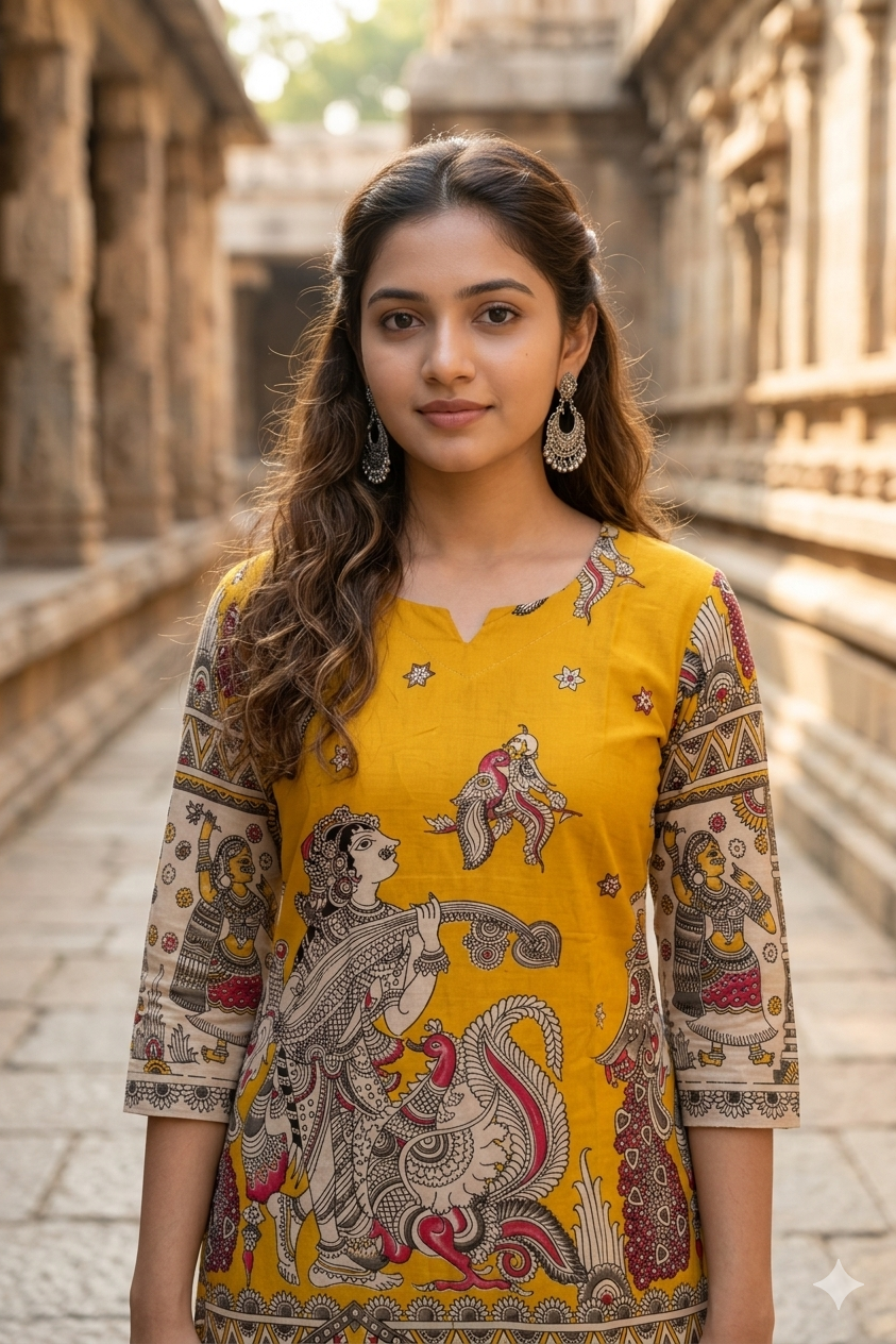 Earthy Yellow Kalamkari Peacock Print Kurti (IB0447)