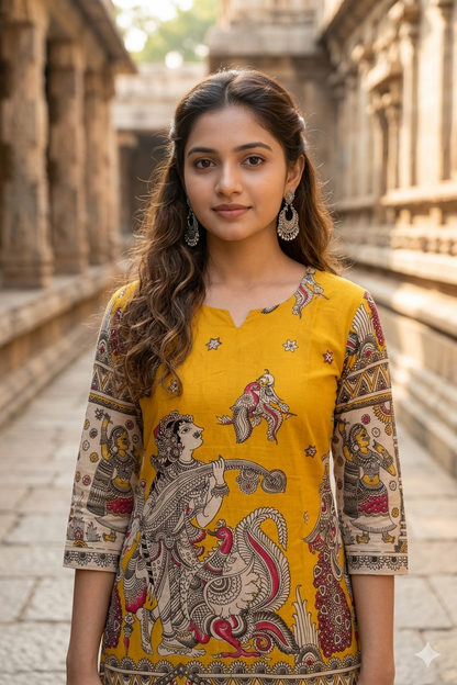 Earthy Yellow Kalamkari Peacock Print Kurti (IB0447)