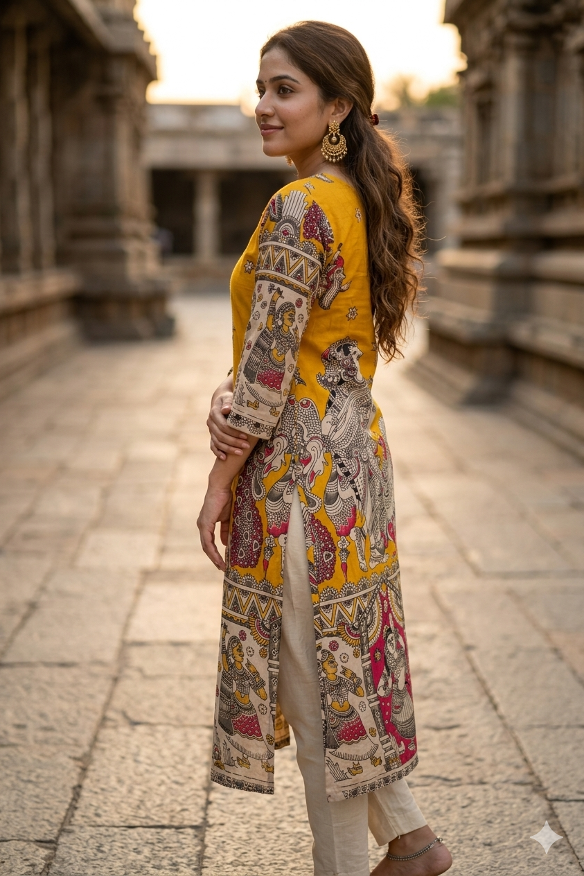 Earthy Yellow Kalamkari Peacock Print Kurti (IB0447)