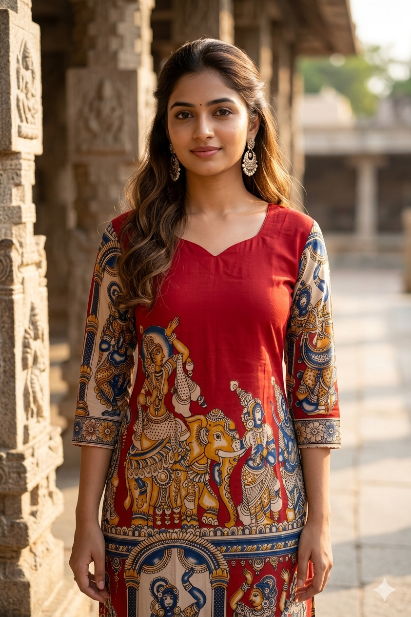 Red Kalamkari Royal Elephant Print (IB0448)