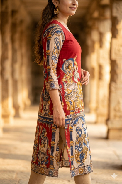 Red Kalamkari Royal Elephant Print (IB0448)