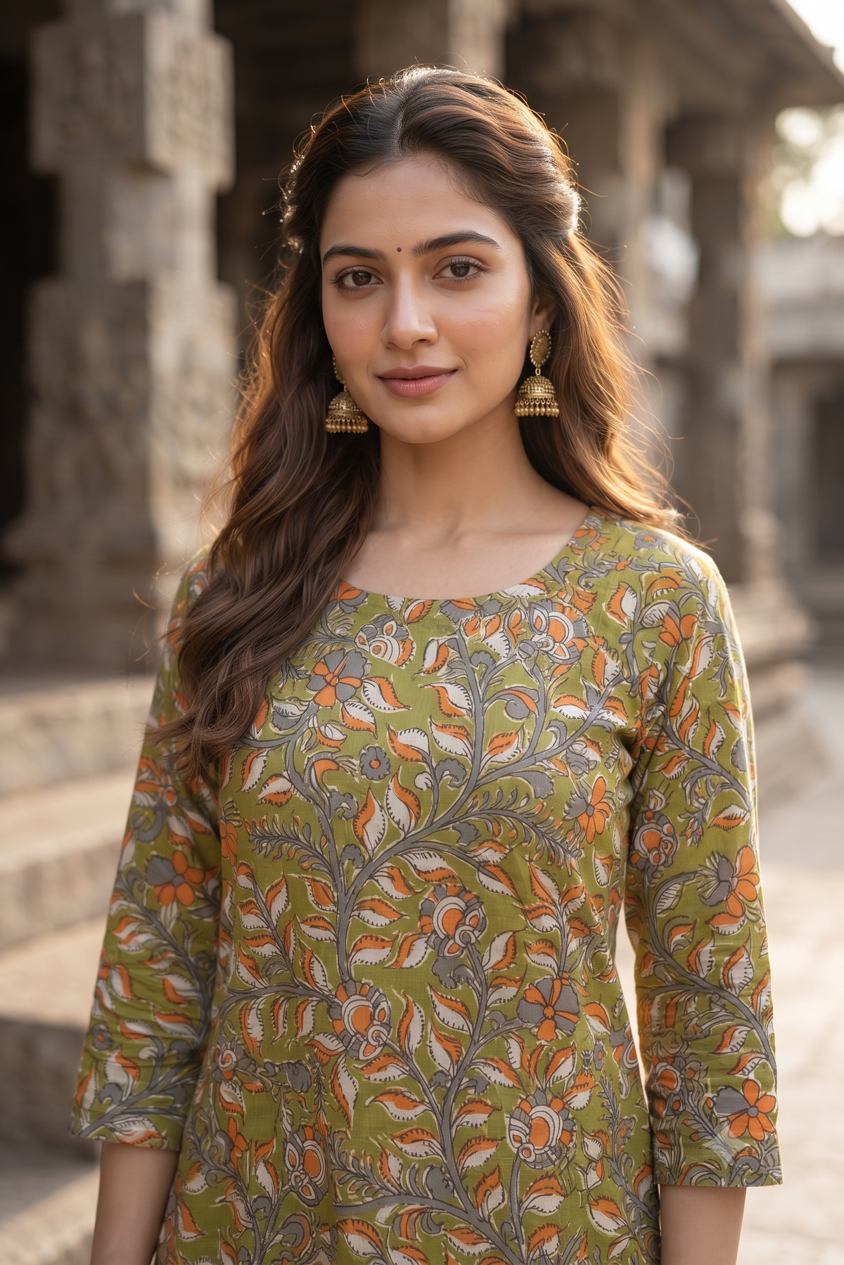 Olive Green & Orange Leafy Kalamkari Print Ethnic Kurti (IB0553)