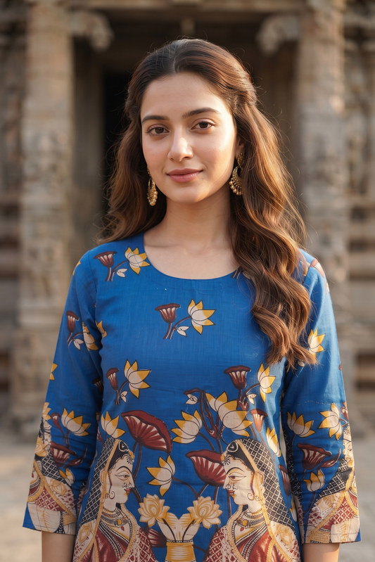 Royal Blue Traditional Kalamkari Print Ethnic Kurti (IB0555)