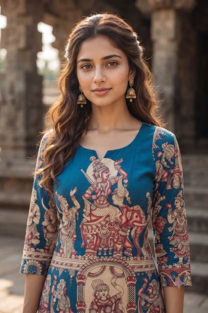 Blue Traditional Kalamkari Print Ethnic Kurti (IB0557)