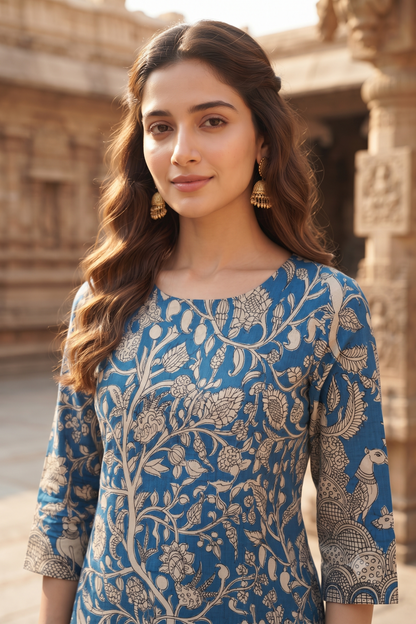 Blue & Beige Tree of Life Kalamkari Print Ethnic Kurti (IB0560)