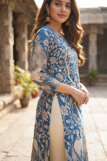 Blue & Beige Tree of Life Kalamkari Print Ethnic Kurti (IB0560)