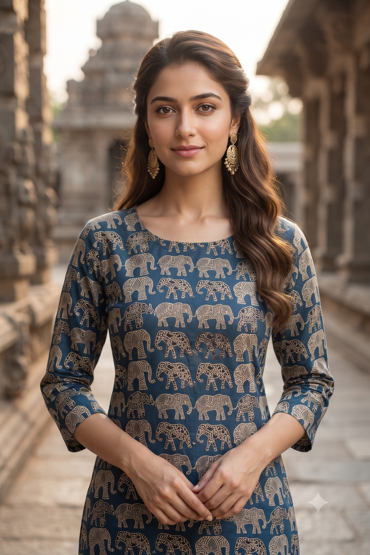 Blue & Beige Elephant Motif Kalamkari Print Ethnic Kurti (IB0566)