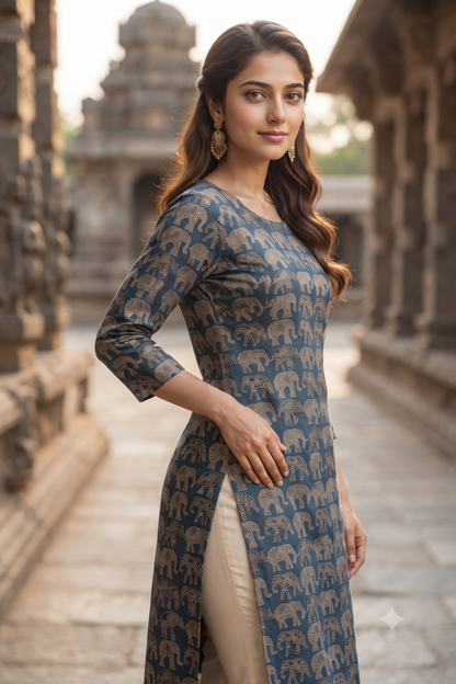 Blue & Beige Elephant Motif Kalamkari Print Ethnic Kurti (IB0566)