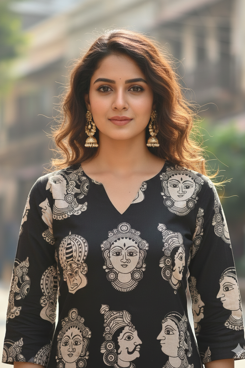 Black Ethnic Face Print Kalamkari (IB0193)