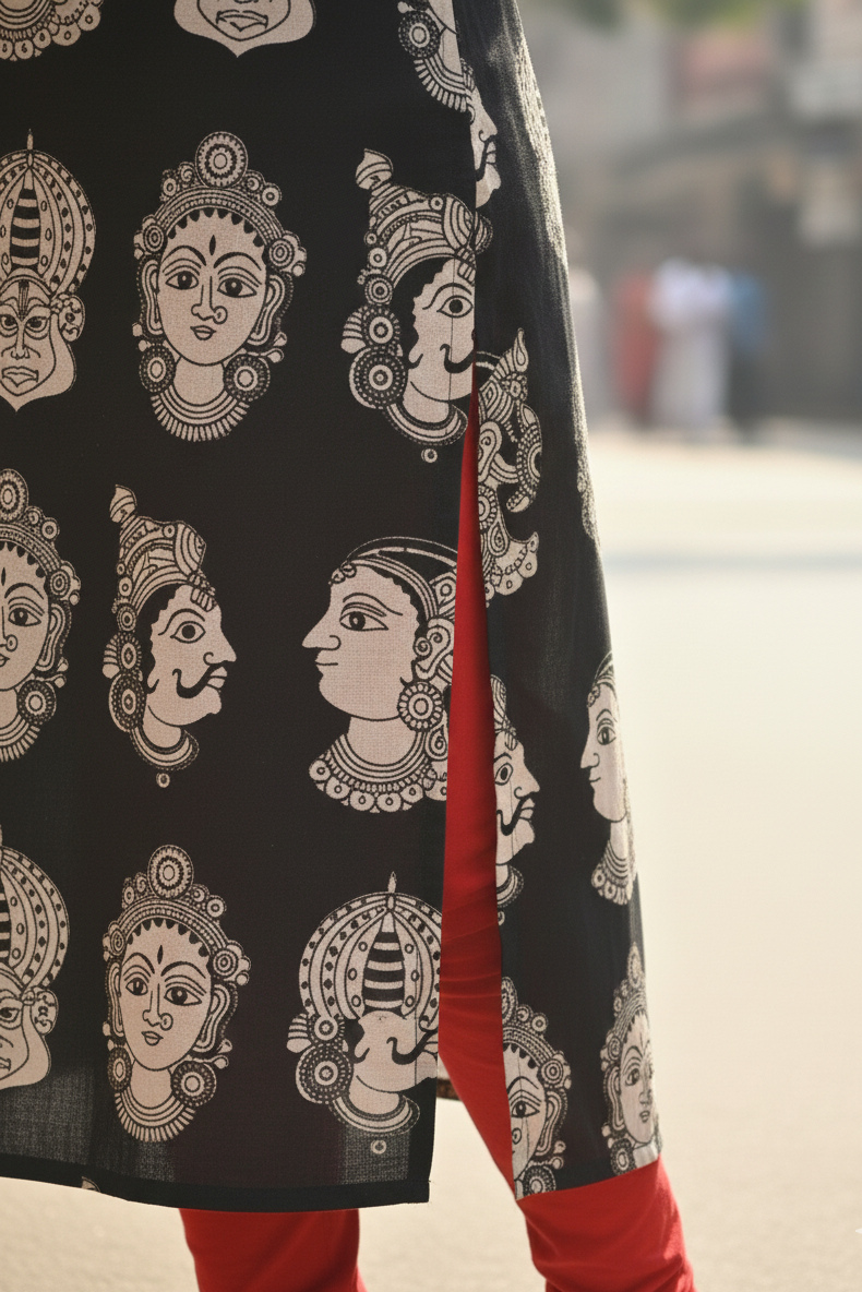 Black Ethnic Face Print Kalamkari (IB0193)