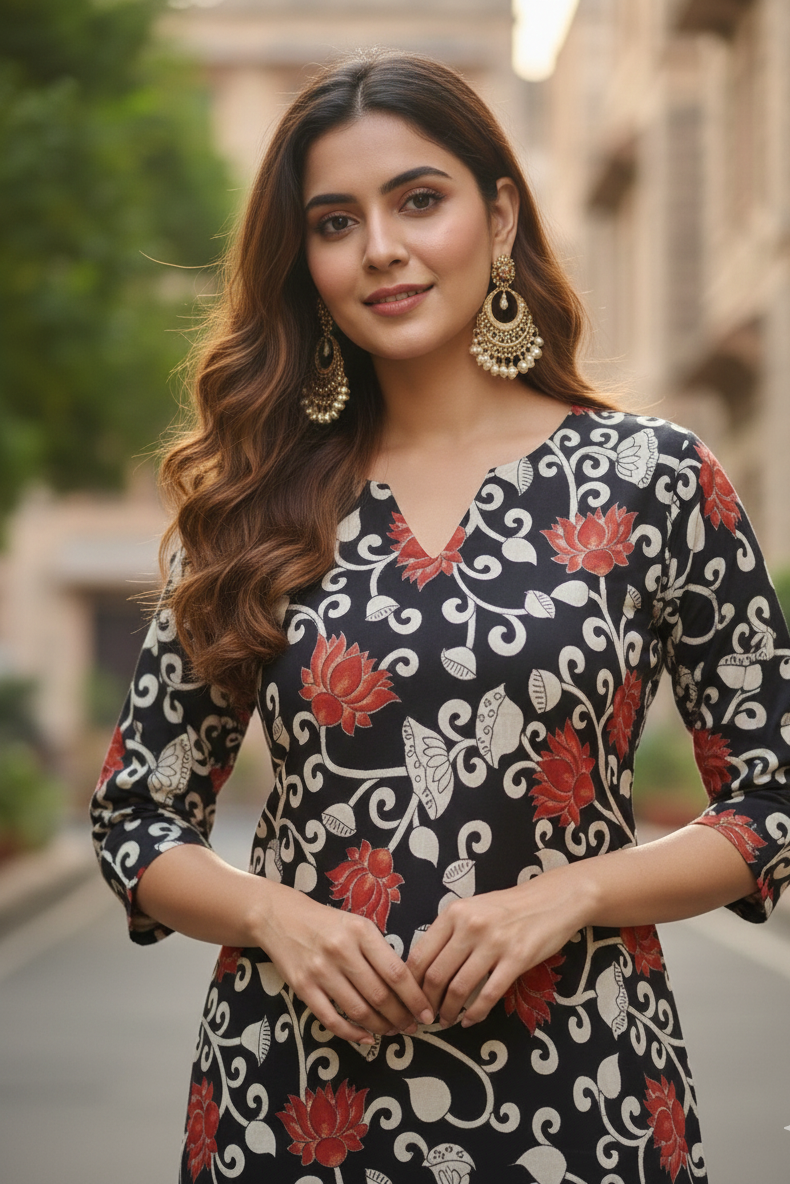 Black & Red Lotus Floral Kalamkari Kurti (IB0240)