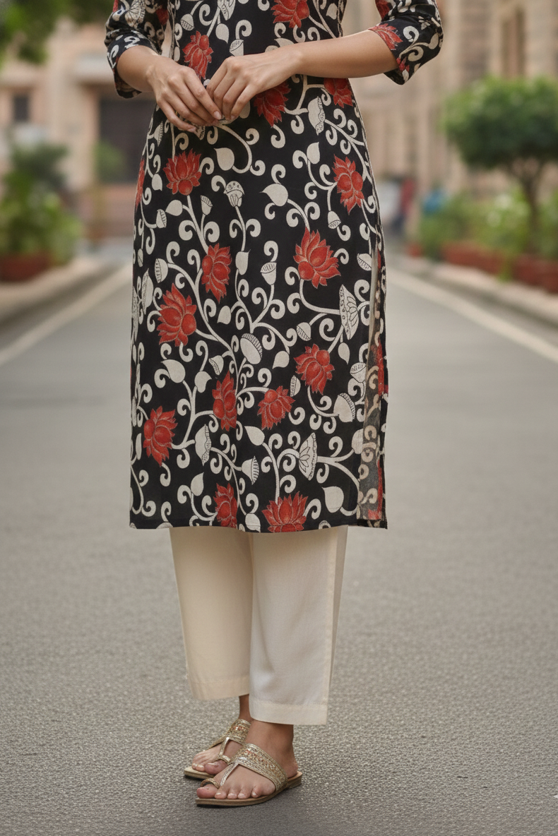Black & Red Lotus Floral Kalamkari Kurti (IB0240)
